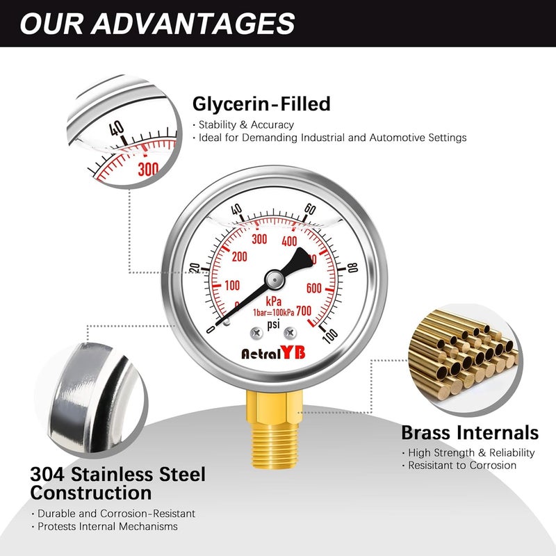 AetralYB مقياس ضغط 0-100 Psi بحجم 2 بوصة، مملوء بالجليسرين، تركيب سفلي 1/4" NPT، من الفولاذ المقاوم للصدأ، مقياس ضغط فلتر رمل المسبح، مقاوم للماء لمضخة المياه، ضاغط الهواء، خزان البئر، منظم RV - Image 4